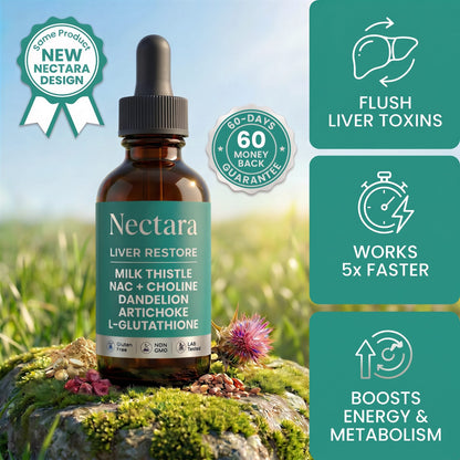 Nectara Liver Restore drops bottle on mossy rock with 60-day money-back guarantee badge