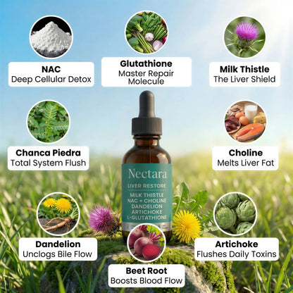 Nectara Liver Restore bottle surrounded by its key ingredients