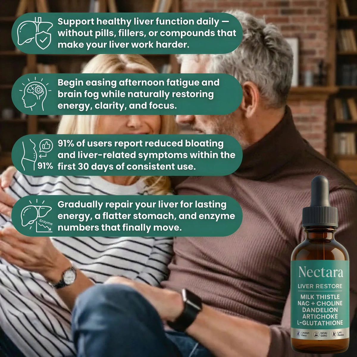 Happy couple on sofa with Nectara liver support benefits
