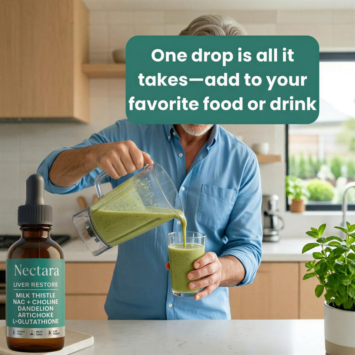 Man adding Nectara drops to a green smoothie