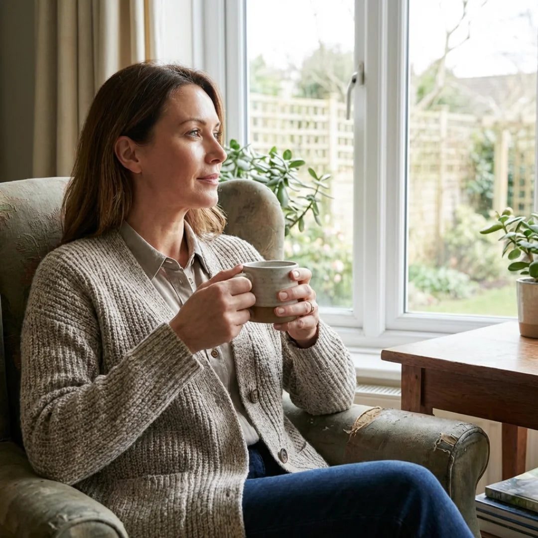 Relaxed woman with a cup of tea by the window