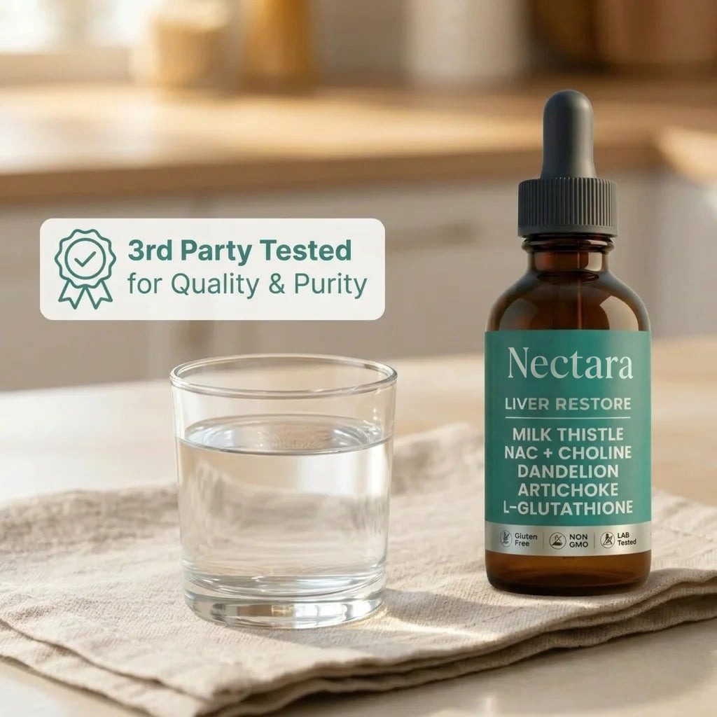 Nectara bottle next to a glass of water, 3rd party tested